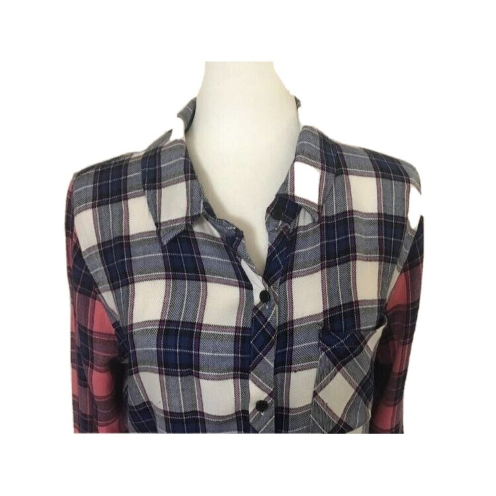 RAILS Long Sleeve Shirt Womens Size Medium Blue Plaid Pink Sleeves Solf Flannel - Picture 2 of 8